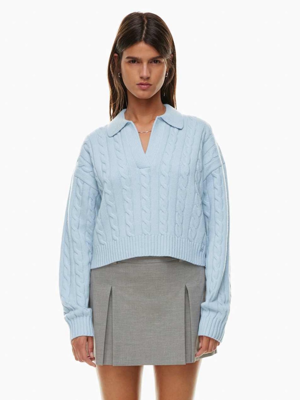 Aritzia Sunday Best Lottie Polo Boxy Cropped Cable Knit Sweater Blue Size Small